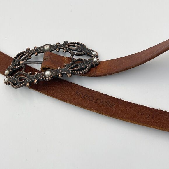 💥BOGO💥 LINEA PELLE Brown Leather Belt. 7/8" Western Antiqued Buckle Hand Made - Picture 3 of 8